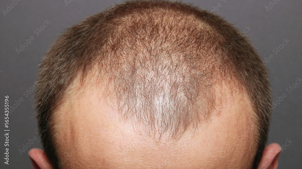 Obraz premium Close-up of thinning hair on the top of a man's head, showcasing early signs of hair loss. Hair care and potential solutions for maintaining a healthy head of hair.