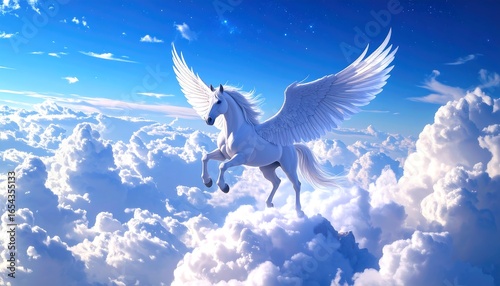 Majestic pegasus soaring above fluffy clouds