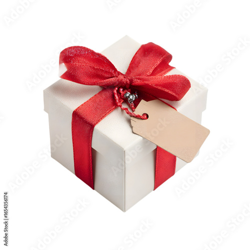 Christmas gift box with red ribbon and tag transparent background