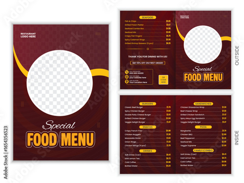 Modern Elegant Food Menu Bifold Template. Restaurant Cafe Takeaway Menu Design. Stylish Dark Theme Brochure