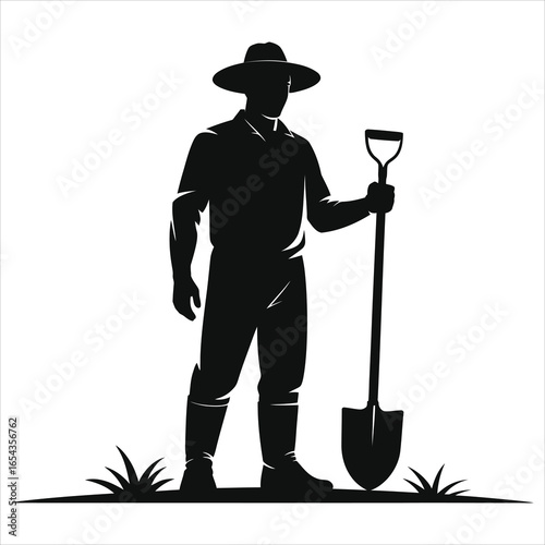 Farmer Silhouette with Shovel - Vector Icon for Agriculture, Gardening, and Farm Work. Male Gardener Holding Spade, Ideal for Logos, Apps & Web.