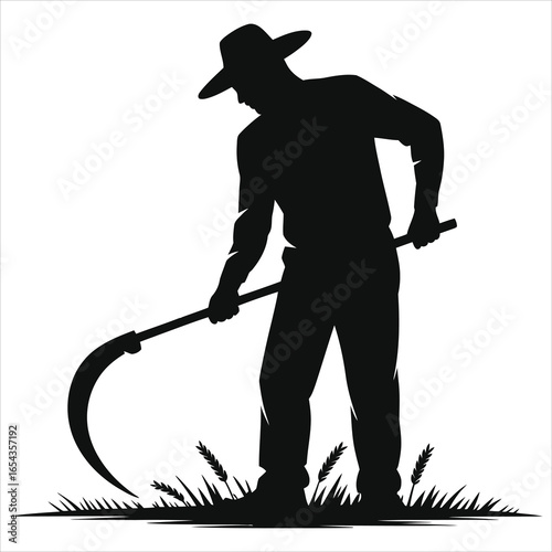 Farmer Silhouette with Scythe - Traditional Agricultural Worker Mowing Wheat Field. Vector Icon for Harvest, Rural Farm Life & Vintage Farming.