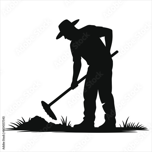 Farmer or Gardener Silhouette Working with Hoe - Vector Icon for Agriculture, Gardening, and Land Cultivation. Man Tilling Soil, Ideal for Farm & Garden Logos.