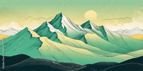 Winter sun sets over snowy mountain peaks, casting a warm glow on the tranquil landscape