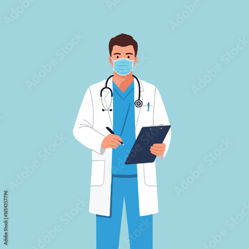 Flat design of a handsome doctor wearing a white coat, mask and holding a stethoscope. health medical officer. a male doctor. design 2