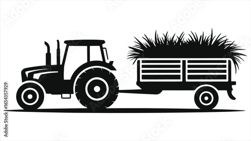 Silhouette of Tractor Pulling Trailer Loaded with Hay Isolated on White Background, Agricultural Machinery, Farm Vehicle, Rural Harvest Transport, Vector Illustration for Farming and Agriculture