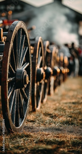 Antique wagon wheels lined up in a row
