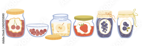 Collection of colorful jam jars with fruit labels isolated on white. Set of fruit and berries jams in glass jars. Hand drawn flat vector illustration set. Homemade marmalade jars.