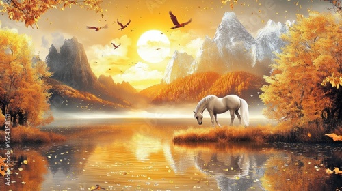 3d mural wallpaper with majestic horse and golden trees against colorful mountain landscape, featuring golden sun and flying birds on modern artistic background, perfect for frame canvas prints and el