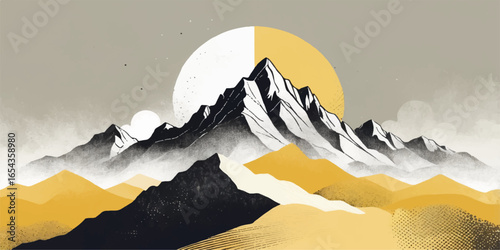 Vector illustration of an abstract winter mountain landscape with snow-covered peaks, alpine glaciers, and a wide sky view