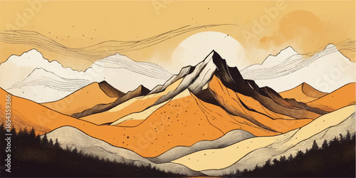 Vast mountain landscape under a blazing sun, with dry, sandy dunes stretching toward the horizon