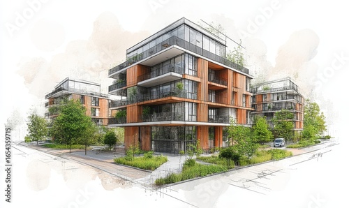 Sketch of a sustainable development project isolated on a white background, highlighting the importance of environmental considerations in planning and architectural design, Generative AI