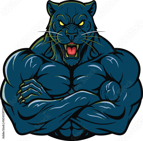 Muscular Panther Character Design with Crossed Arms and a Fierce Expression Embodying Strength and Aggression with Intricate Details