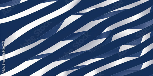 A patriotic close-up of a blue and white striped fabric banner with stars waving in the wind, a symbol of freedom for the United States