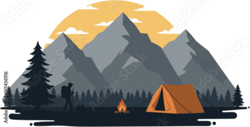 Summer camp concept. Camping landscape. Sunny day landscape illustration in flat style with tent, mountains and forest. Banner or poster for summer camp, nature tourism, camping, hiking, trek