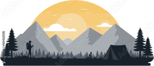 Summer camp concept. Camping landscape. Sunny day landscape illustration in flat style with tent, mountains and forest. Banner or poster for summer camp, nature tourism, camping, hiking, trek