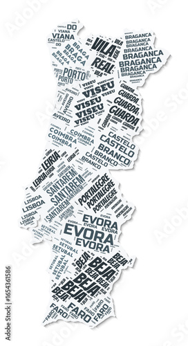 Portugal shape text cloud. Country border with shadow on white background. Portugal with regions division in vintage gazette style. Trending vector illustration.