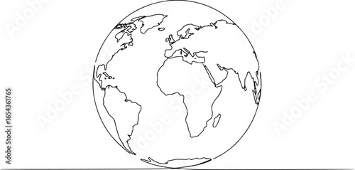 Continuous one line art drawing of earth planet, Globe, geography vector outline, Single line illustration of world map
