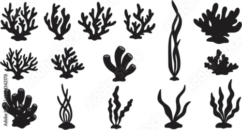 set of coral seaweed shape aesthetic element, vector,silhouette, abstract cartoon underwater plant collection
