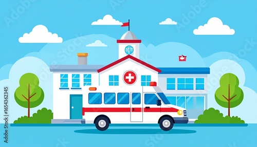Flat design illustration of a modern hospital building with an ambulance parked in front, representing emergency medical services and healthcare