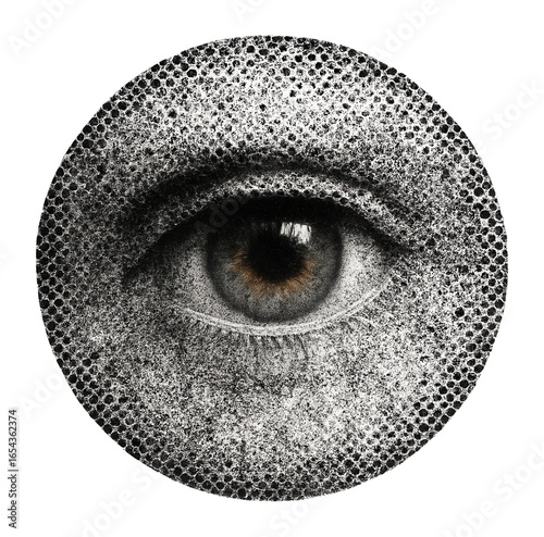 Round halftone dot pattern with grunge texture and eye detail.