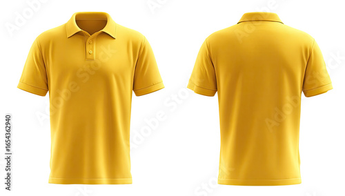 Front and back view of a mustard yellow polo shirt