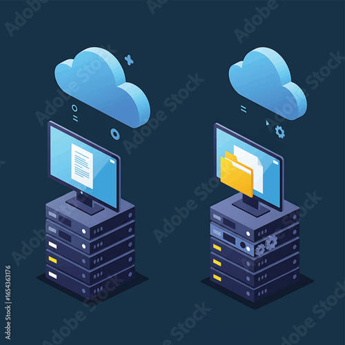 Isometric illustration of two servers with monitors displaying a document and a folder, signifying cloud data storage and transfer, against a dark blue background with a