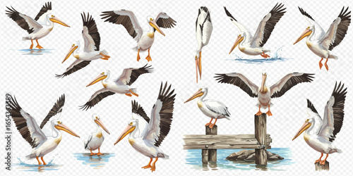 A detailed collection of American white pelicans in various poses, including flying, landing in water, and perching on a wooden pier.