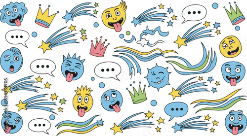 Playful doodle illustration with monsters, stars, and speech bubbles on white background