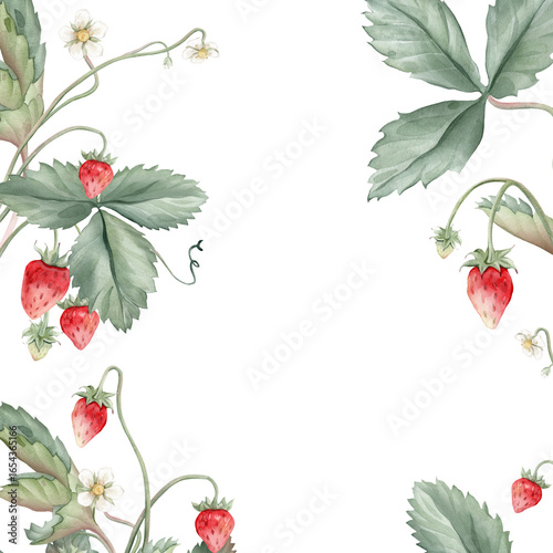 Wild strawberries square Frame. Hand drawn watercolor illustration of Border with woodland strawberries and white flowers on white isolated background. Drawing for food label or cards design.