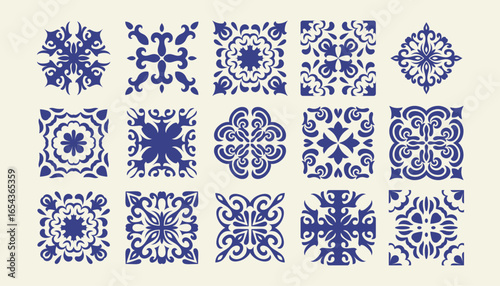Mediterranean ceramic tile pattern collection, set of ornaments, templates isolated on white background