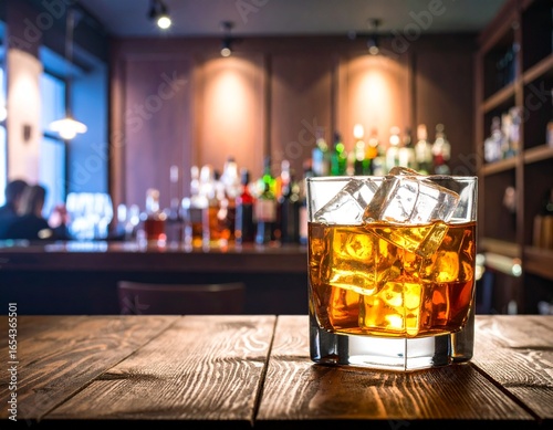 A glass of amber liquor with ice cubes sits on a wooden bar top in front of a blurred background of bottles and patrons.