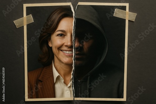 Torn portrait of woman and hacker identity. Use for corporate fraud prevention, IT awareness, insider threat campaigns, compliance training.
