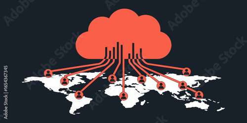 cloud connecting to global user network on world map vector illustration, data distribution, remote access and content delivery network
