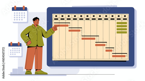 project manager pointing at gantt chart on a screen vector illustration