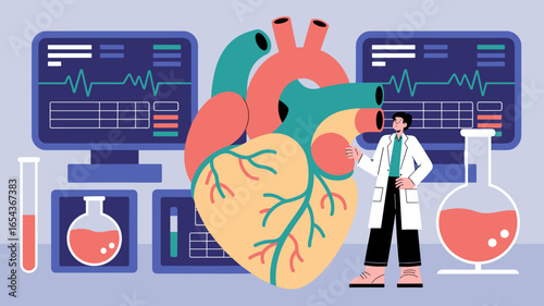 cardiologist analyzing anatomical heart in a research lab vector illustration
