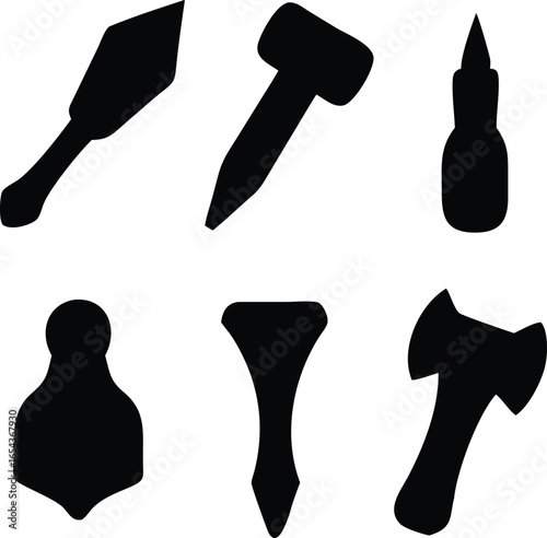 Silhouetted Tools and Weapons Collection A Variety of Sharp Edged Implements for Cutting Chopping and Piercing Purposes Represented in Black