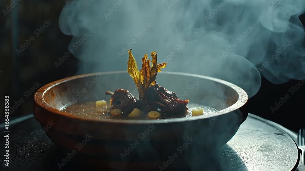 Steaming dish with dark brown meat and edible plant garnish Steaming dish with dark brown meat and edible plant garnish