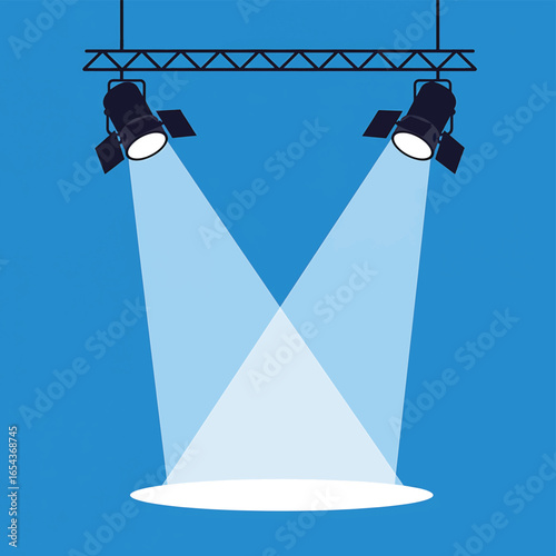 Two stage spotlights shining on a blank circular area, flat lay illustration with a cool blue color scheme against a solid background.