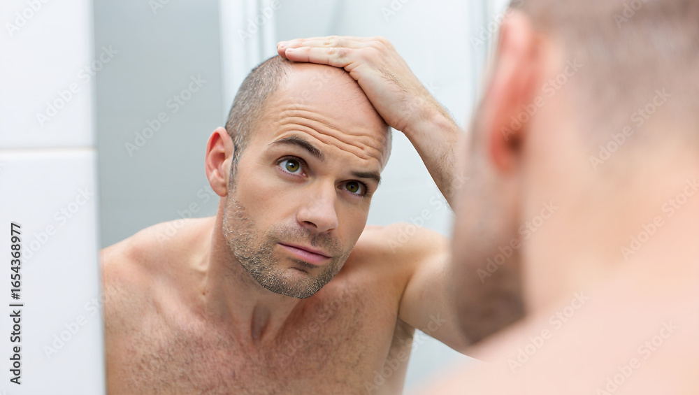 Obraz premium middle aged man looking at his bald head in the mirror, man's bald head 