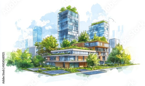 Sketch of sustainable urban architecture featuring green roofs, solar panels, and energy-efficient design elements, promoting carbon neutrality and biophilic elements for smart city, Generative AI