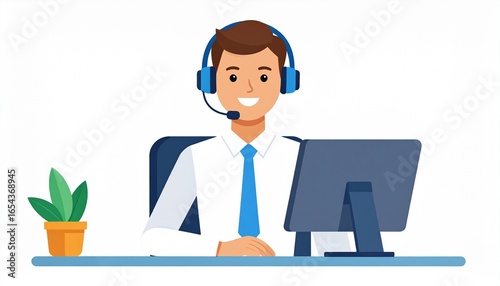 Friendly male customer support agent with headset working at a desk with a computer. Call center operator vector illustration.