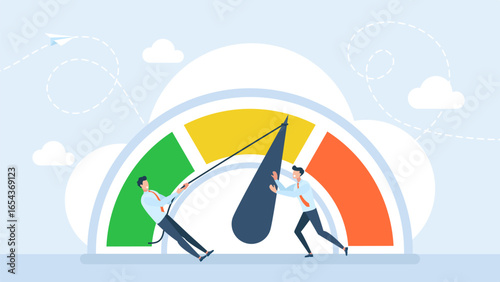 Excellent customer feedback review, gauge scale rating concept, businessman pushing skill performance gauge. Performance rating or customer feedback, credit score. Vector illustration