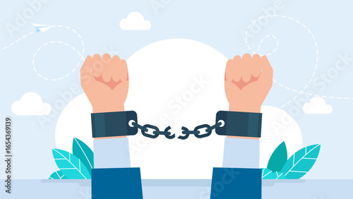 Hands with broken shackles. Strong hand clenched fist fighting for freedom against chain slavery. Struggle for liberty. Hands breaking chain with extreme power. Freedom concept.Vector illustration