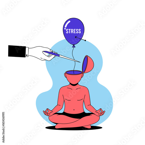 Person meditating with a balloon labeled stress being cut releasing the tension from the mind