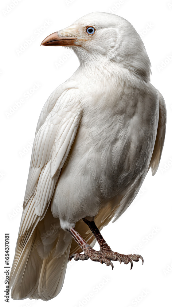 Obraz premium Albino Raven Portrait: A striking portrait of an albino raven showcases its pure white plumage, icy blue eyes, and a captivating presence. Witness nature's unique beauty in this stunning close-up.