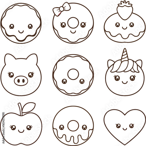 Assorted kawaii style outlines of donuts pig apple unicorn heart and strawberry dessert on white