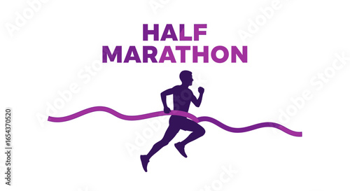 Triumphant silhouette runner crossing finish line, half marathon graphic design