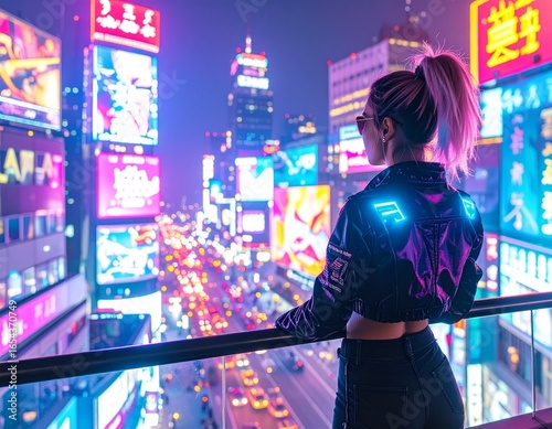 „Cyberpunk fashion and futuristic urban lifestyle with neon lights and high-tech clothing.“