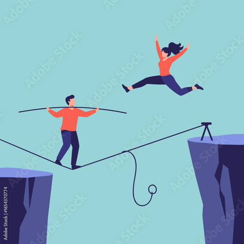 Two people balancing on a tightrope over a deep chasm one jumping to the other side while the other walks carefully forward